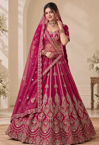 Rani Pink Color Embroidered,Beads,Zari And Sequins Work Silk _Blend Lehnega Choli