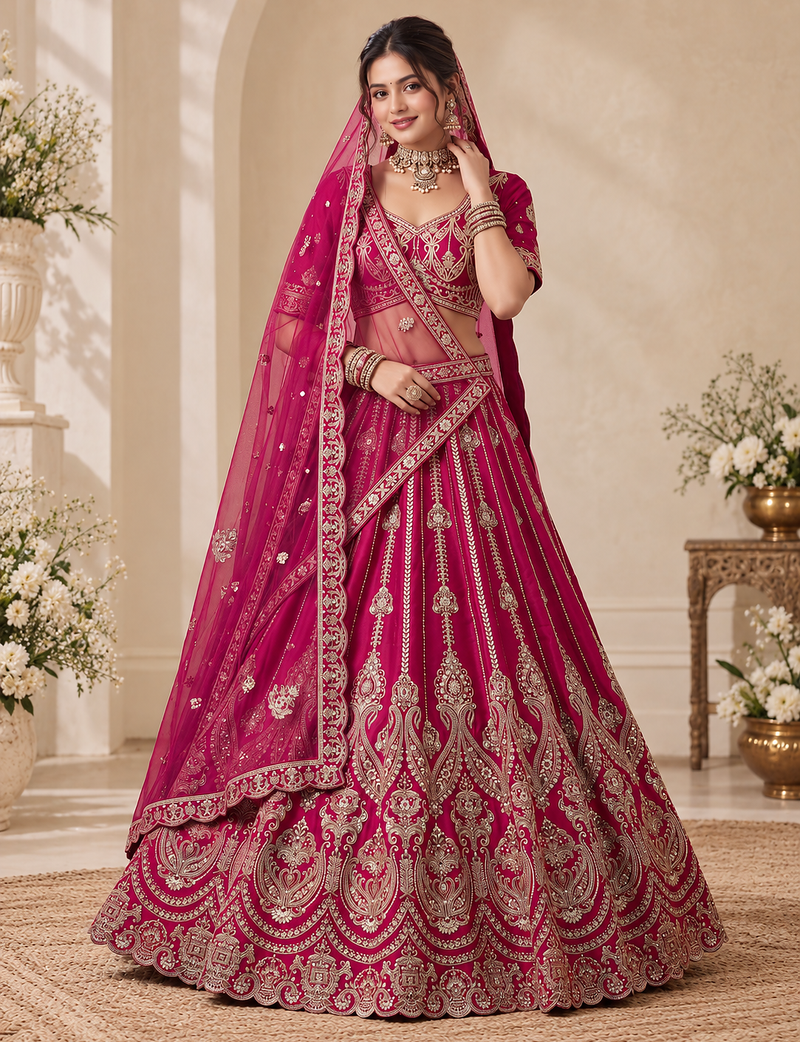 Rani Pink Color Embroidered,Beads,Zari And Sequins Work Silk _Blend Lehnega Choli