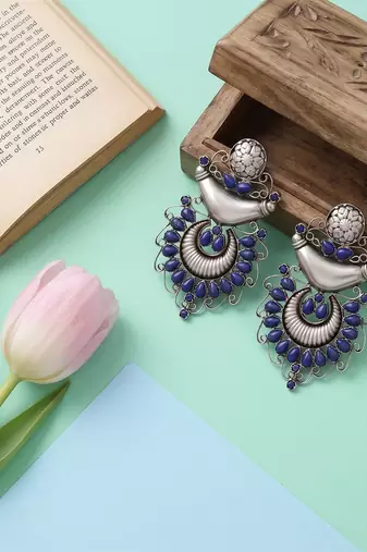 Handcrafted oxidised silver lapis stone earrings