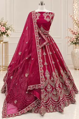 Rani Pink Color Embroidered,Beads,Zari And Sequins Work Silk _Blend Lehnega Choli