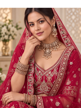 Red Color Embroidered,Beads,Zari And Sequins Work Silk _Blend Lehnega Choli 2