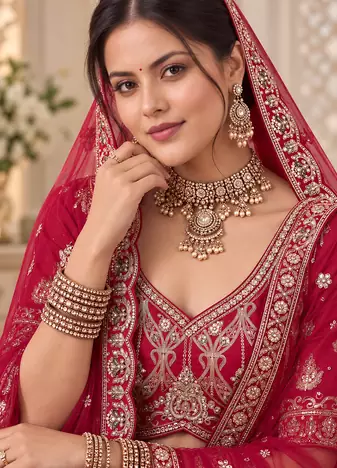 Red Color Embroidered,Beads,Zari And Sequins Work Silk _Blend Lehnega Choli