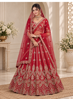 Red Color Embroidered,Beads,Zari And Sequins Work Silk _Blend Lehnega Choli 3