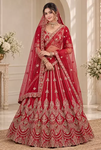Red Color Embroidered,Beads,Zari And Sequins Work Silk _Blend Lehnega Choli