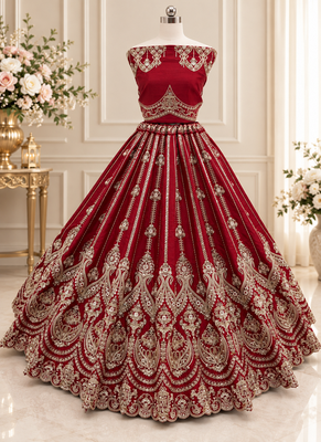 Red Color Embroidered,Beads,Zari And Sequins Work Silk _Blend Lehnega Choli 1