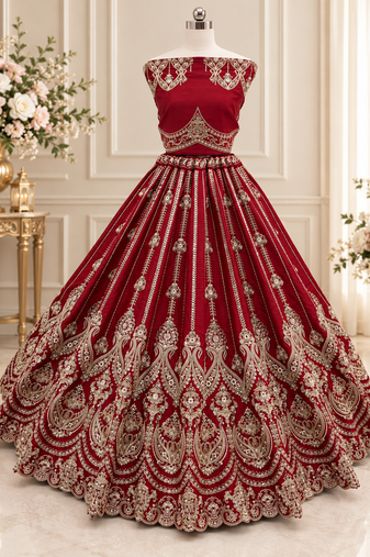 Red Color Embroidered,Beads,Zari And Sequins Work Silk _Blend Lehnega Choli
