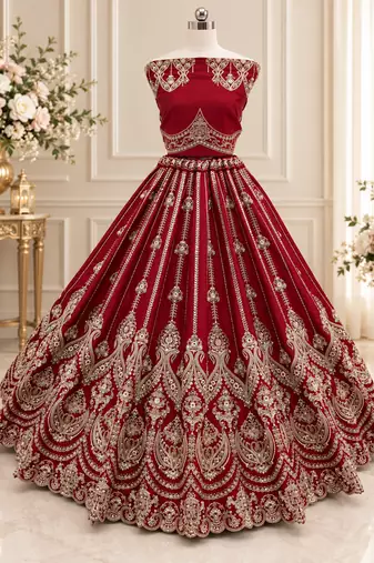 Red Color Embroidered,Beads,Zari And Sequins Work Silk _Blend Lehnega Choli