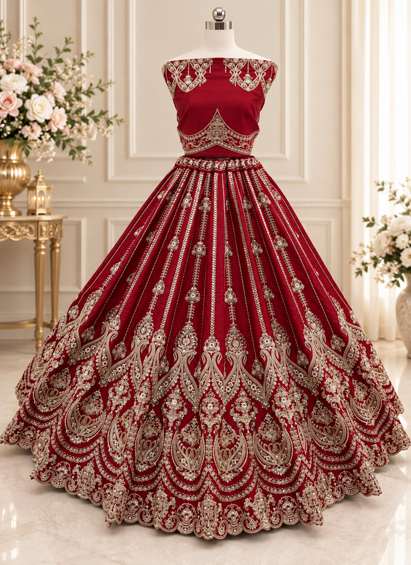 Red Color Embroidered,Beads,Zari And Sequins Work Silk _Blend Lehnega Choli