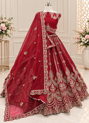 Red Color Embroidered,Beads,Zari And Sequins Work Silk _Blend Lehnega Choli 4