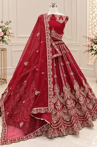 Red Color Embroidered,Beads,Zari And Sequins Work Silk _Blend Lehnega Choli