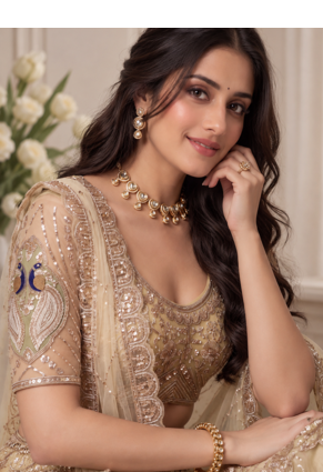 Cream Color Embroidered,Beads,Zari And Sequins Work Net Lehnega Choli 2