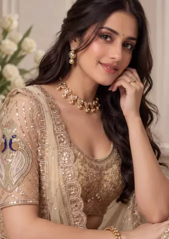 Cream Color Embroidered,Beads,Zari And Sequins Work Net Lehnega Choli