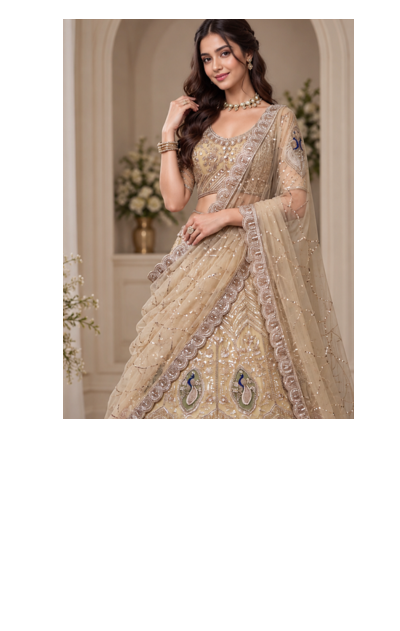 Cream Color Embroidered,Beads,Zari And Sequins Work Net Lehnega Choli 3