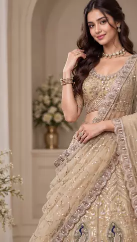 Cream Color Embroidered,Beads,Zari And Sequins Work Net Lehnega Choli