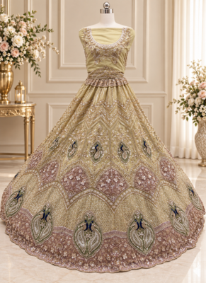 Cream Color Embroidered,Beads,Zari And Sequins Work Net Lehnega Choli 4