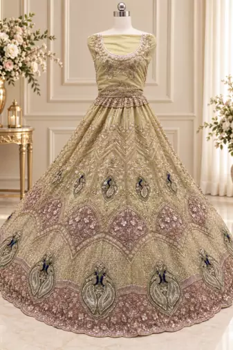 Cream Color Embroidered,Beads,Zari And Sequins Work Net Lehnega Choli