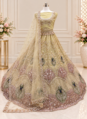 Cream Color Embroidered,Beads,Zari And Sequins Work Net Lehnega Choli 1