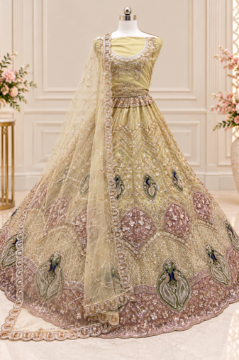 Cream Color Embroidered,Beads,Zari And Sequins Work Net Lehnega Choli
