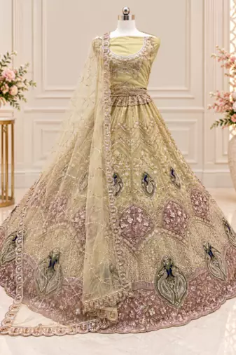 Cream Color Embroidered,Beads,Zari And Sequins Work Net Lehnega Choli
