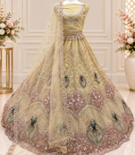 Cream Color Embroidered,Beads,Zari And Sequins Work Net Lehnega Choli