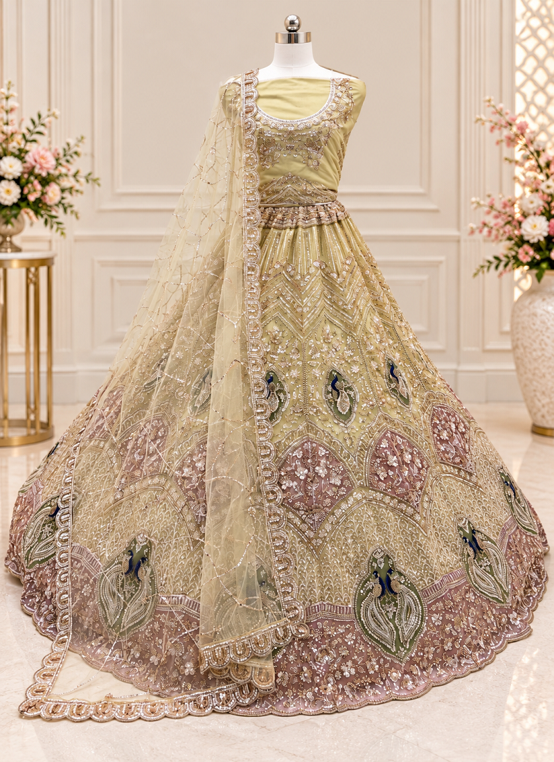 Cream Color Embroidered,Beads,Zari And Sequins Work Net Lehnega Choli