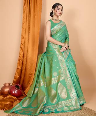 green zari work banarasi silk blend saree with blouse 1