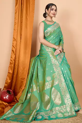 green zari work banarasi silk blend saree with blouse