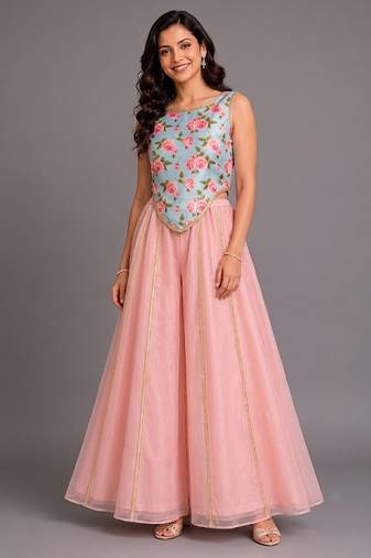 Blue Pink Printed Cotton Silk Co ord set