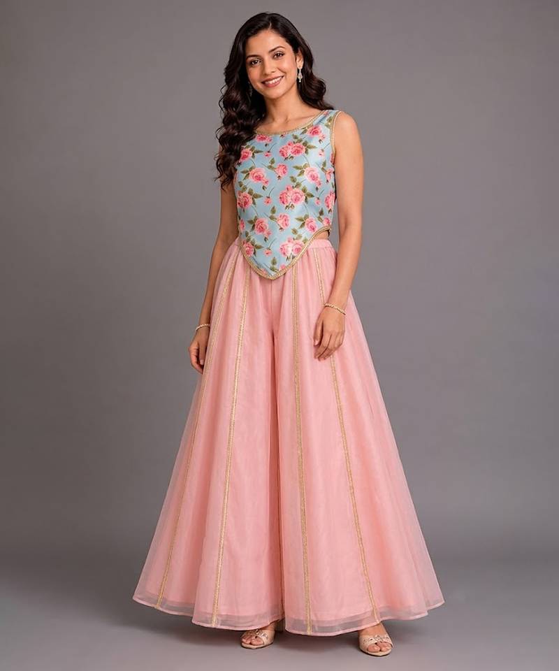 Blue Pink Printed Cotton Silk Co ord set