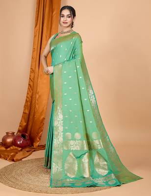 green zari work banarasi silk blend saree with blouse 3
