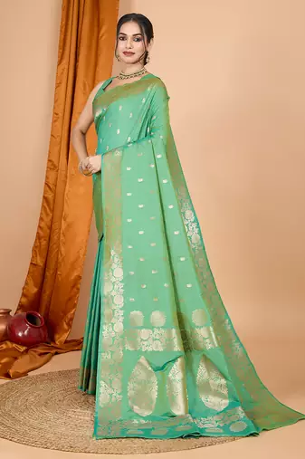green zari work banarasi silk blend saree with blouse