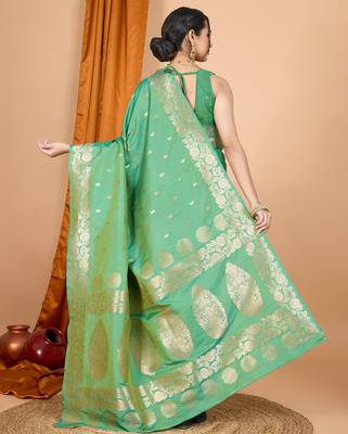 green zari work banarasi silk blend saree with blouse 4