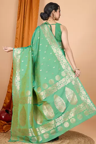 green zari work banarasi silk blend saree with blouse