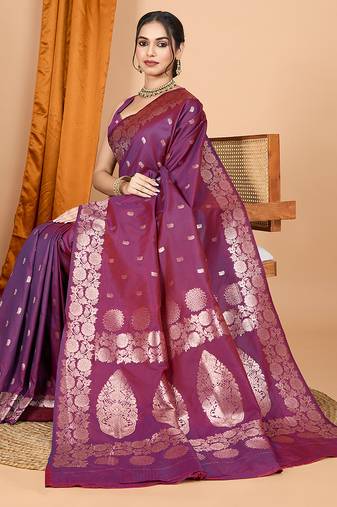 wine zari work banarasi silk blend saree with blouse