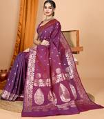 wine zari work banarasi silk blend saree with blouse