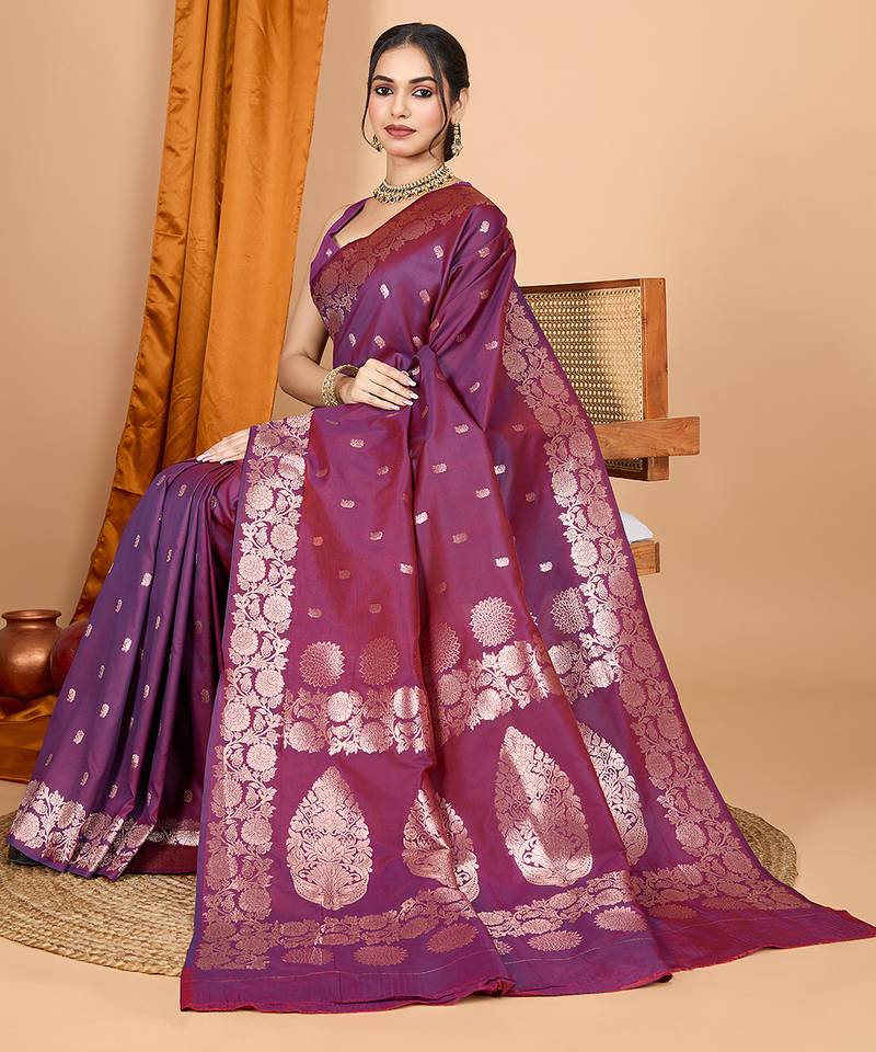 Wine zari work banarasi silk saree with blouse