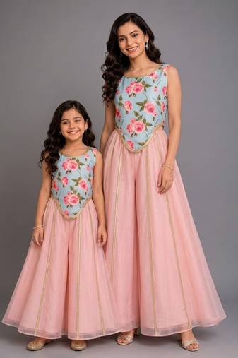 Blue pink printed cotton silk mother daughter combo co ord set