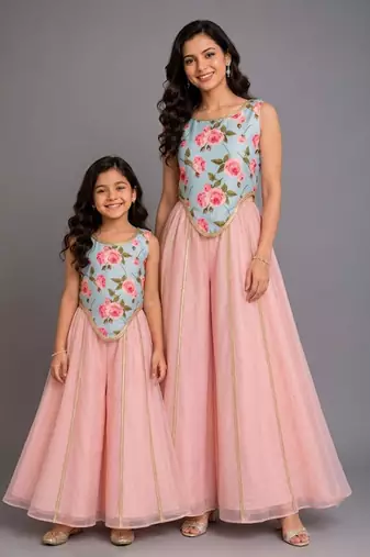 Blue pink printed cotton silk mother daughter combo co ord set