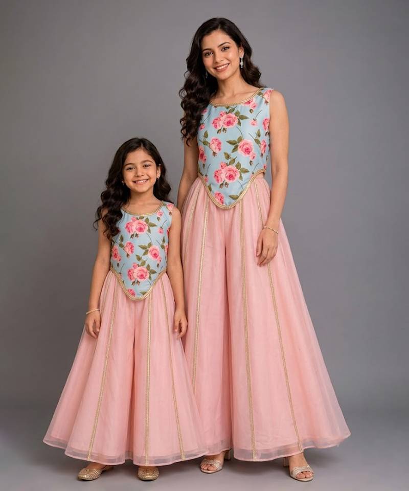 Blue pink printed cotton silk mother daughter combo co ord set