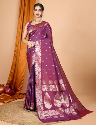wine zari work banarasi silk blend saree with blouse 2