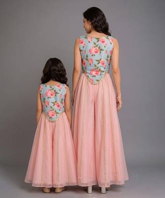 Blue pink printed cotton silk mother daughter combo co ord set 2