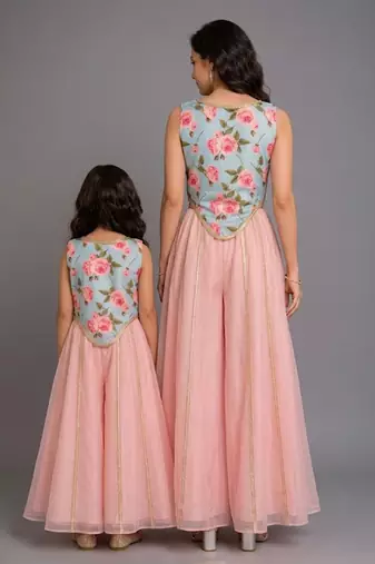 Blue pink printed cotton silk mother daughter combo co ord set