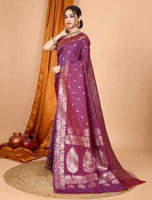 wine zari work banarasi silk blend saree with blouse 3