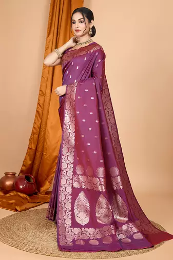 wine zari work banarasi silk blend saree with blouse