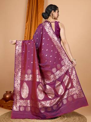 wine zari work banarasi silk blend saree with blouse 4