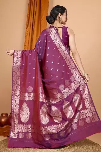wine zari work banarasi silk blend saree with blouse