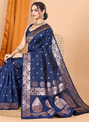 navy blue zari work banarasi silk blend saree with blouse 1