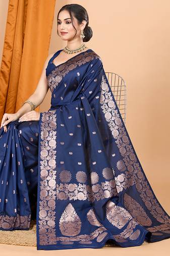 navy blue zari work banarasi silk blend saree with blouse