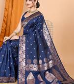 navy blue zari work banarasi silk blend saree with blouse