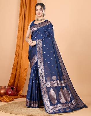 navy blue zari work banarasi silk blend saree with blouse 2